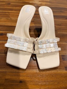 Gianni Bini Cream Slide Sandals with Shell-Bead Straps